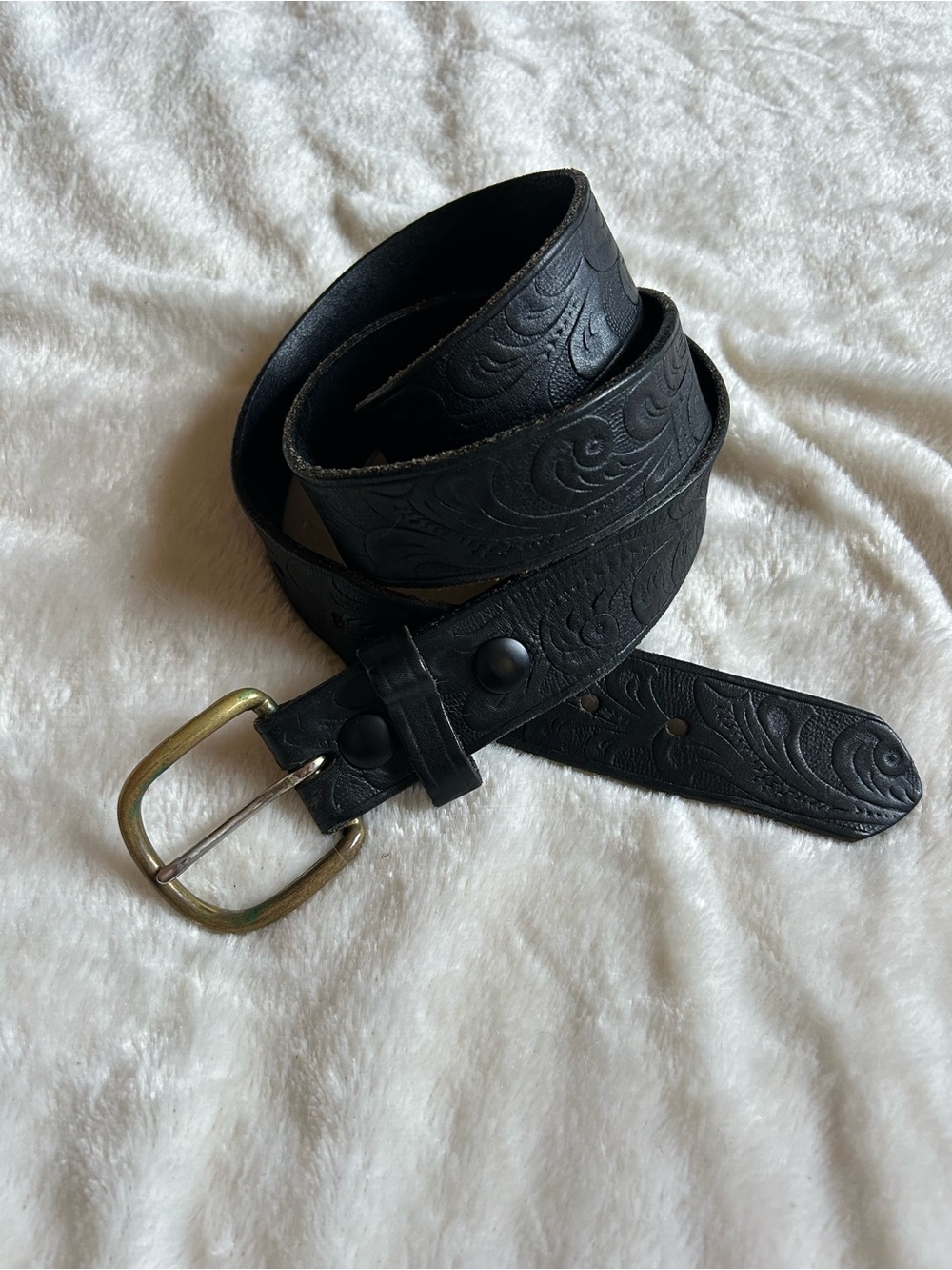 Vintage Boston black tooled 100% genuine leather belt men's 40 USA brass buckle